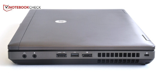 Direita: Fones, microfone, eSATA/USB 2.0 combo, USB 2.0, DisplayPort, Kensington