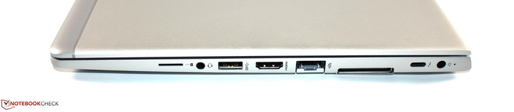 Right: SIM slot, audio-combo jack, USB 3.0 Type-A, HDMI, RJ45 Ethernet, docking port, Thunderbolt 3, power