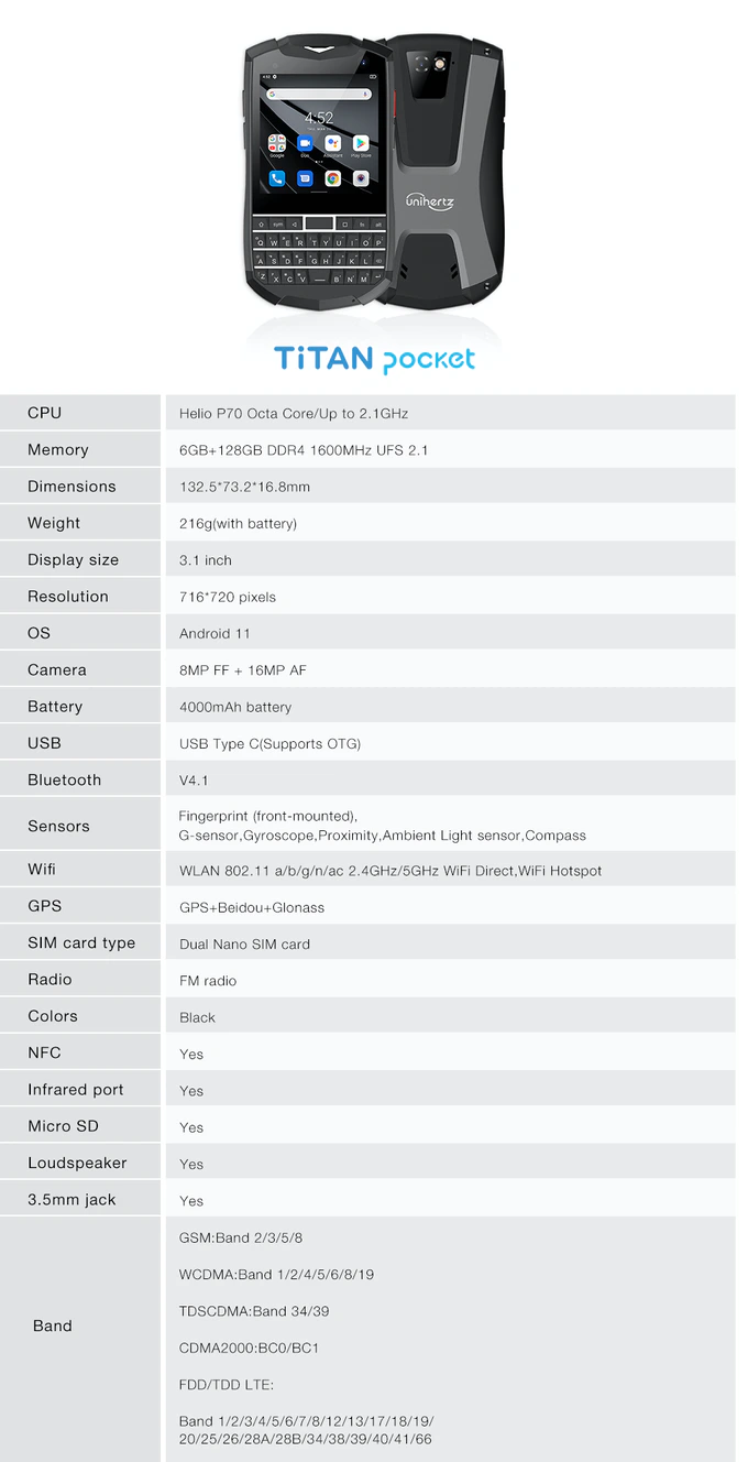 As especificações completas do The Titan Pocket. (Fonte: Unihertz)