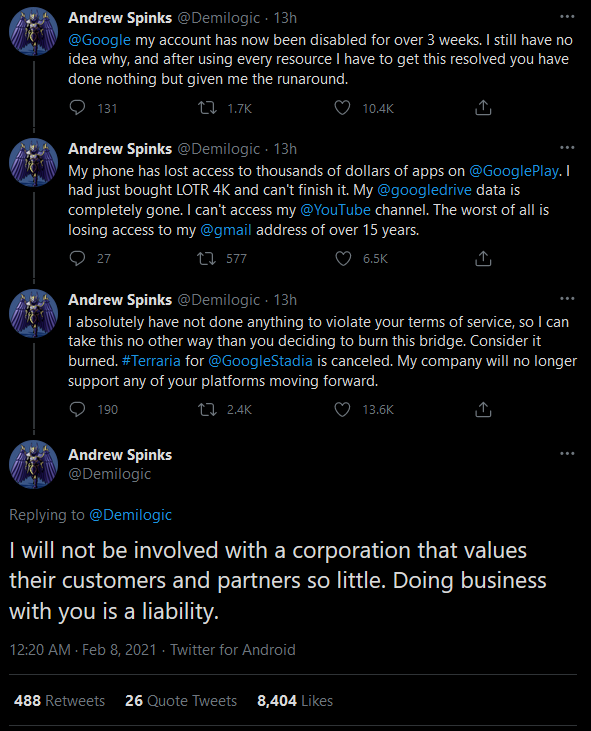 Andrew Spinks (@Demilogic) excorreu o Google no Twitter.