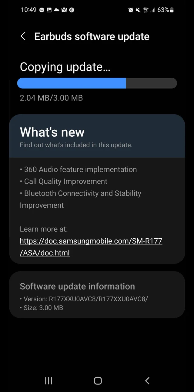 A nova tela de atualização do Galaxy Buds2. (Fonte: Samsung via Reddit)