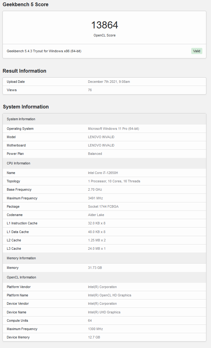 Intel Core i7-12650H no Geekbench (imagem via Geekbench)