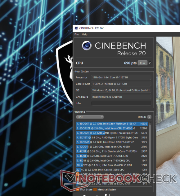 Intel Core i7-11375H Cinebench R20 single-core score.