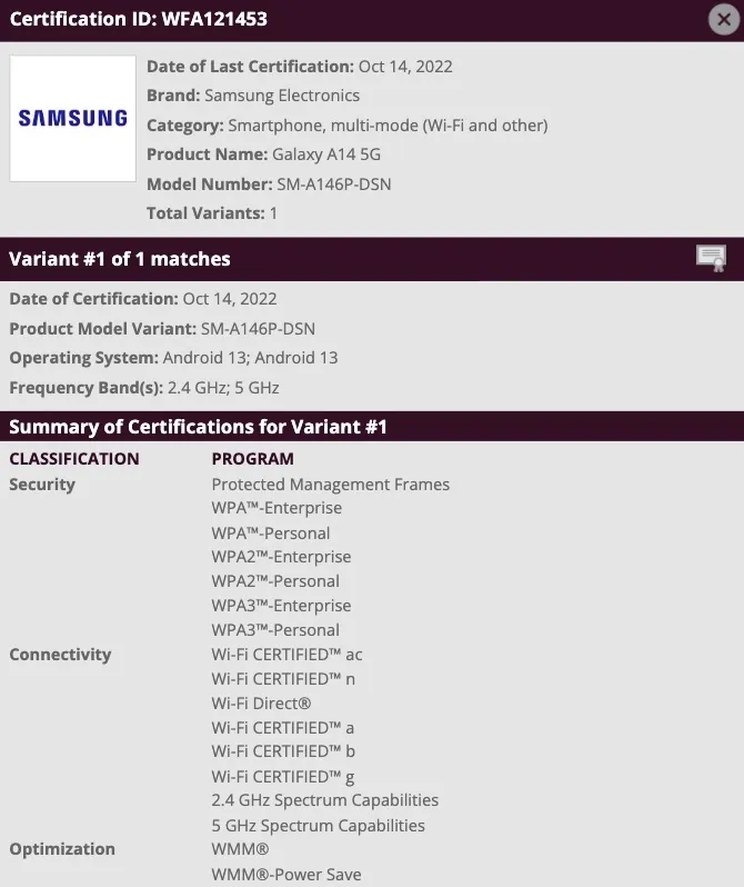 O Galaxy A14 5G salta uma série de etapas de vazamento e passa diretamente para uma certificação oficial. (Fonte: Wi-Fi Alliance)