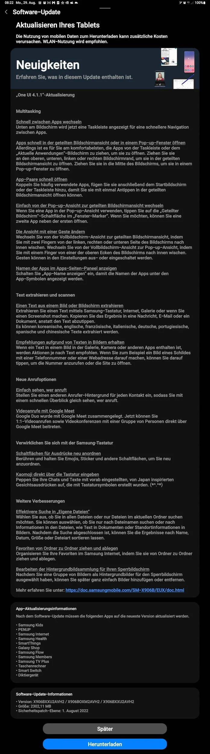 O UI One UI 4.1.1 da Samsung para a aba S8 Ultra. (Fonte: Samsung via SamMobile)