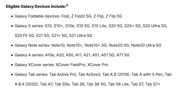 A lista de smartphones Samsung que são elegíveis para suporte de software por quatro anos (imagem via Samsung)
