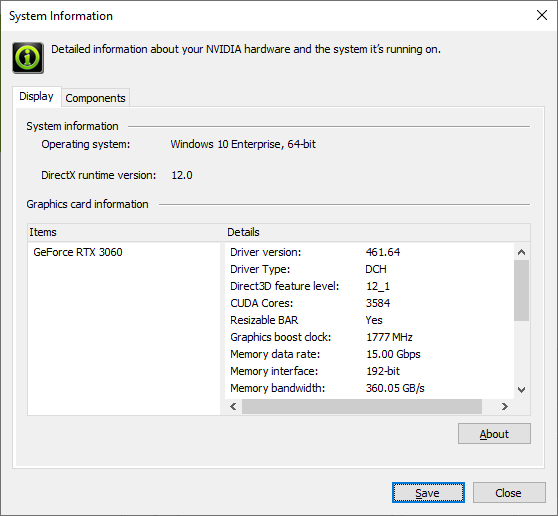 O Painel de Controle da NVIDIA confirma se o BAR Redimensionável está funcionando, ou não. (Fonte de imagem: NVIDIA)