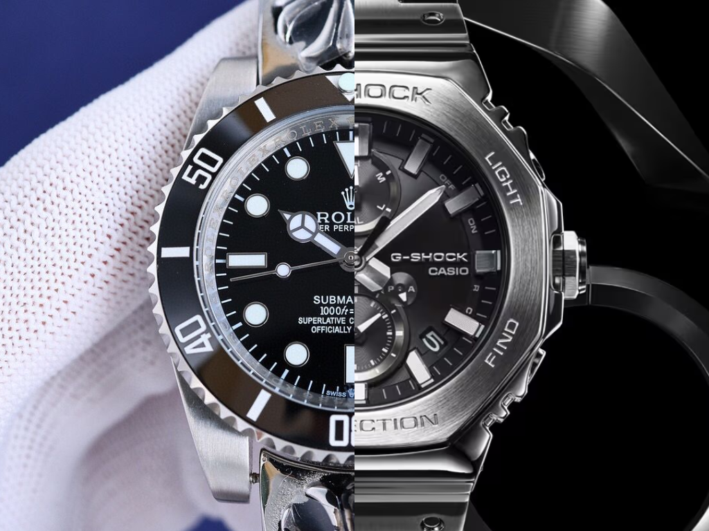 O Rolex Submariner - um popular relógio mecânico (à esquerda) e o relógio de quartzo Casio GMC-B2100D-1A (à direita). (Fonte da imagem: Merit Trends e Casio - Editado)