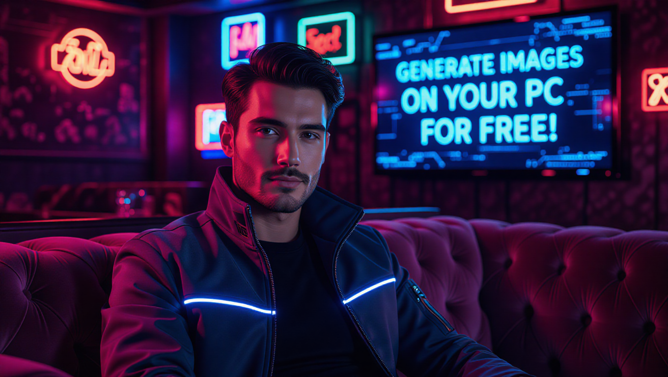 Imagem gerada por IA de um homem com uma jaqueta cyberpunk iluminada por neon sentado em um sofá em um clube elegante. Uma TV atrás dele diz: "GERE IMAGENS EM SEU PC GRATUITAMENTE" (Fonte da imagem: AI Generated)