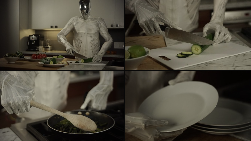 Fotos do segundo torso do Protoclone, com um abdômen acionado que o diferencia de seu antecessor, mostrando seu potencial humano na cozinha. (Fonte da imagem: Clone Robotics)