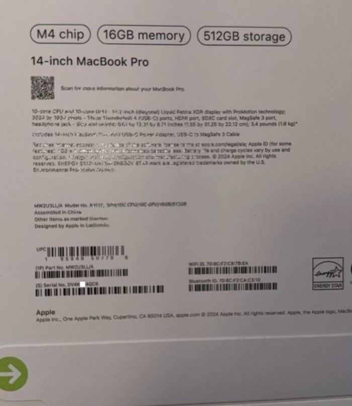 A imagem vazada da caixa do MacBook Pro M4 indica uma memória básica maior. (Fonte da imagem: ShrimpApplePro via Twitter)