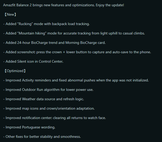 As notas de lançamento relatadas para a versão 3.35.0.5 do software para o smartwatch Amazfit Balance 2. (Fonte da imagem: captura de tela da postagem de u/FinishDue3792 no Reddit)