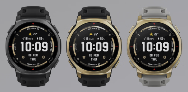 Da esquerda para a direita: as versões Onyx Black, Black Gold e Arctic Gold do smartwatch Amazfit T-Rex 3 Pro 44 mm. (Fonte da imagem: Amazfit)