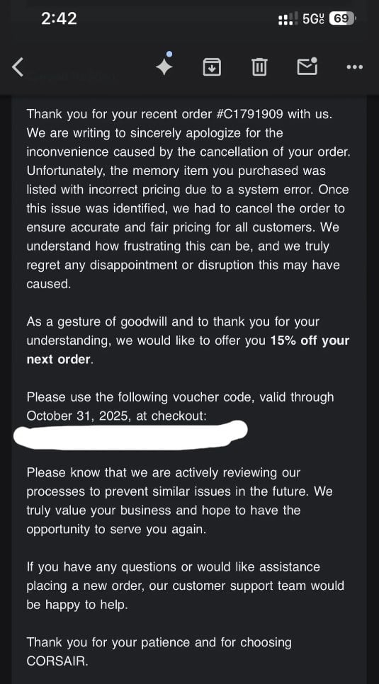 E-mail enviado aos clientes pela Corsair. (Fonte da imagem: u/DynaPoint no Reddit)