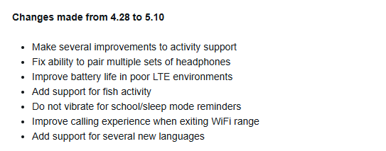O registro de alterações da versão 5.10 do software para o smartwatch Garmin Bounce 2. (Fonte da imagem: Garmin)