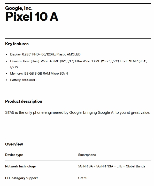 Suposta certificação do Google Pixel 10a na Verizon (Fonte da imagem: Evan Blass)