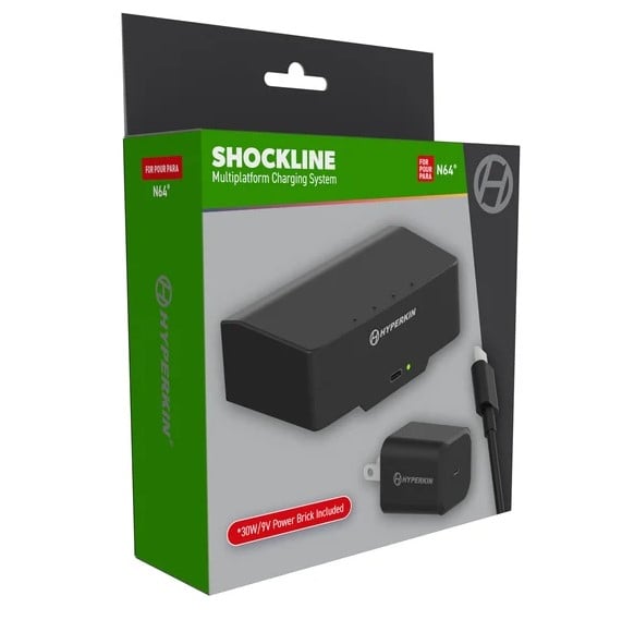 O kit ShockLine para o Nintendo 64 vem com um conversor que se conecta à porta de alimentação do console.