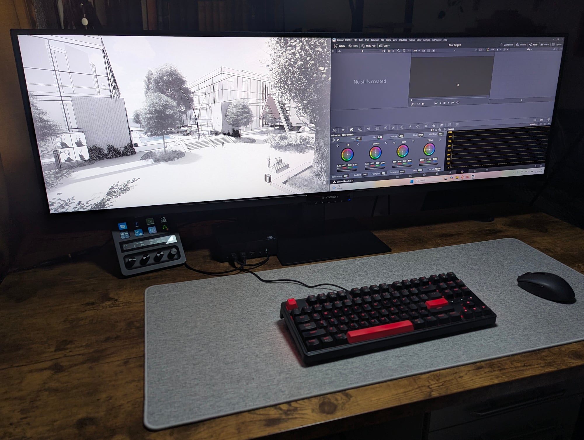O Innocn E49M1R exibe um desenho técnico à esquerda e o DaVinci Resolve à direita.