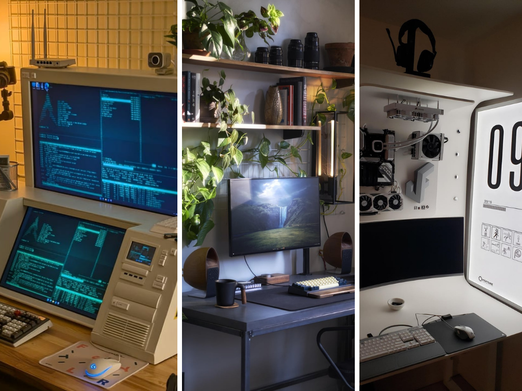 No r/battlestations, o senhor pode encontrar montagens retrofuturistas que simplesmente parecem boas, bem como configurações funcionais com alto poder de computação. Na foto, três configurações diferentes do subreddit. (Fonte da imagem: r/battlestations - Editado)