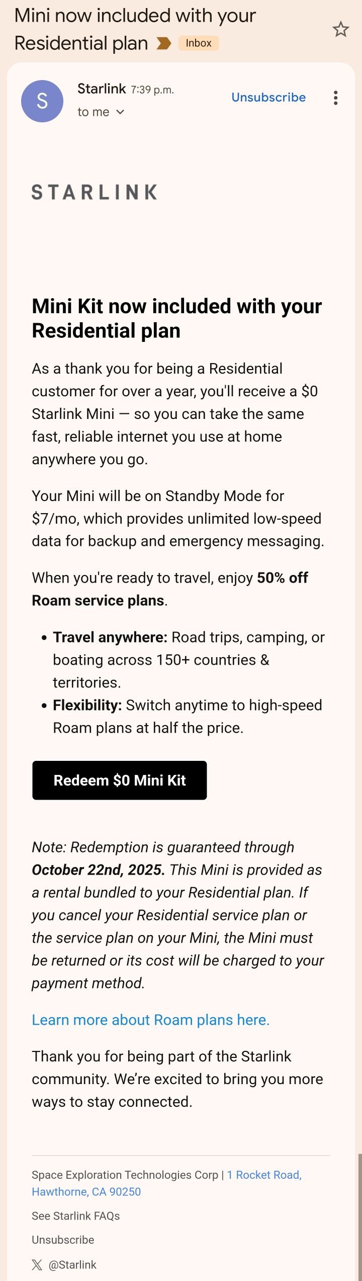 A SpaceX está enviando um e-mail surpresa para alguns clientes residenciais de longa data, oferecendo-lhes um Mini Kit gratuito. (Fonte da imagem: Mathew Manuel Santos no Facebook)