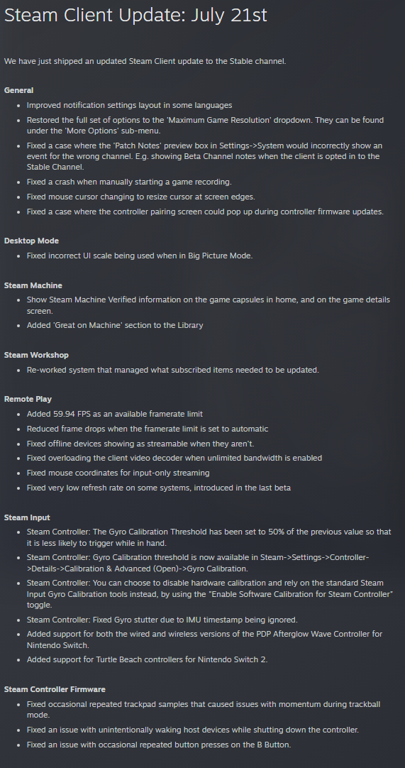 As notas oficiais da atualização do Steam.