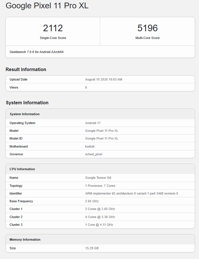 Listagem do Google Tensor G6 no Geekbench