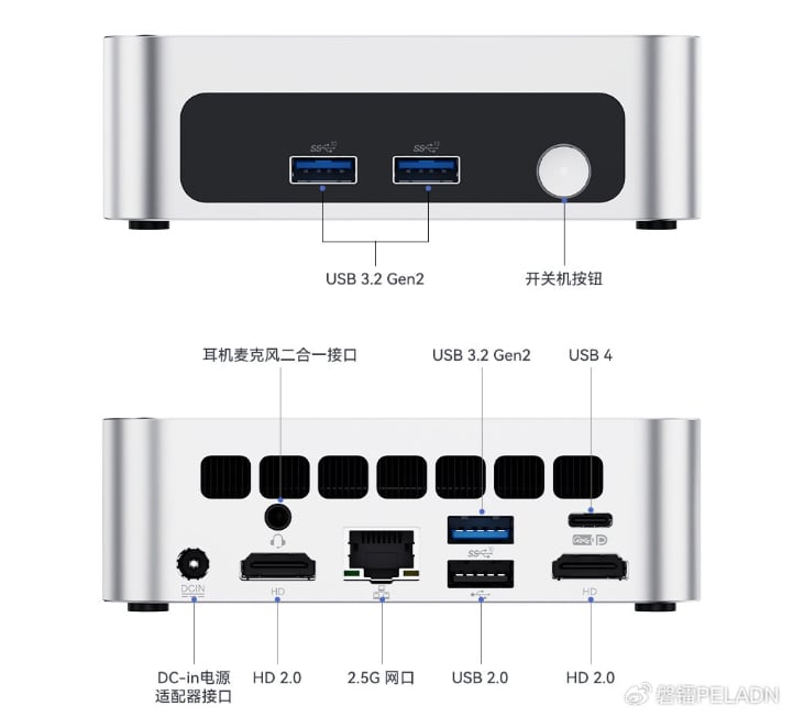 O novo mini PC Peladn WO5 apresenta um conjunto relativamente completo de portas, considerando seu preço.