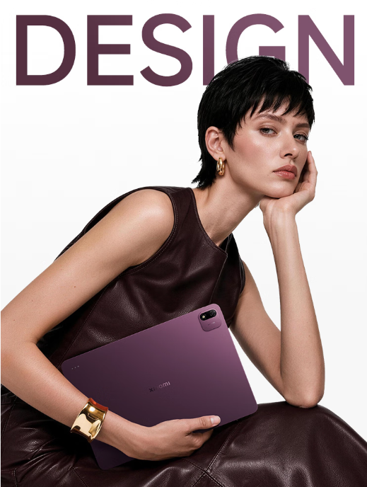 O Xiaomi Pad 9 Pro Max é apresentado em um ambiente de estilo de vida, com seu design fino e acabamento roxo