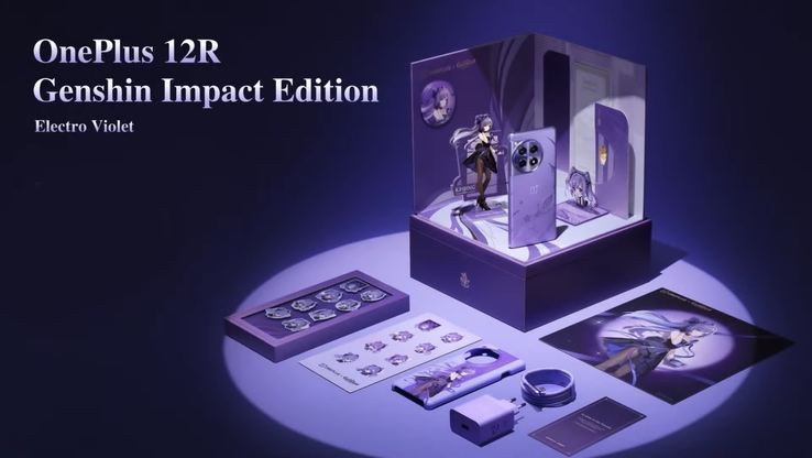 O 12R Genshin Impact Edition e sua caixa de presente/exibição. (Fonte: OnePlus)