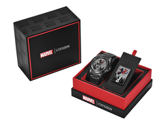 O novo relógio da coleção Citizen x Homem-Aranha, ainda na caixa.