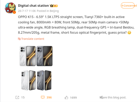 Especificações do Oppo K15 e duas opções de cores divulgadas em uma publicação da DCS no Weibo (tradução automática)