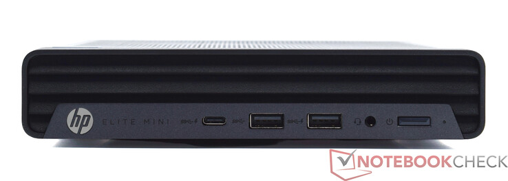 Frontal: USB Type-C 20 Gbit/s, 2x USB Type-A 10 Gbit/s, áudio de 3,5 mm