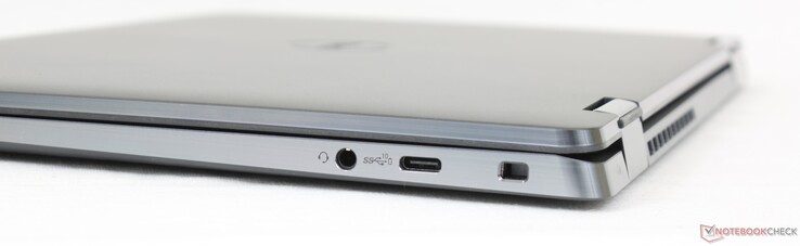 Direita: Fone de ouvido 3,5 mm, USB-C 3.2 Gen. 2 c/ DisplayPort + Fornecimento de energia, fenda para trava em cunha