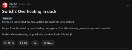 Postagem no Reddit sobre superaquecimento do dock do Switch 2 (Fonte da imagem: captura de tela, Switch subreddit)