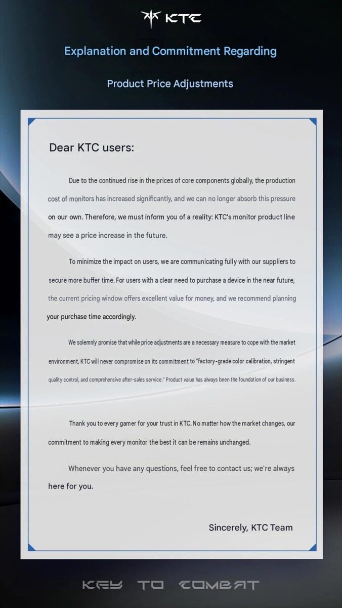 A imagem mostra o comunicado público da KTC informando que irá introduzir ajustes de preço em seus produtos em breve.