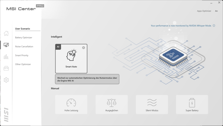 O MSI Z16P usa um modo de desempenho razoável para a maior parte quando configurado para "Automático Inteligente".