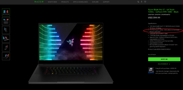 A Razer diz que a especificação na página do produto deve dizer "100% AdobeRGB" em vez de "100% sRGB" para a configuração de 120 Hz 4K. Este erro pode ser corrigido em uma data posterior