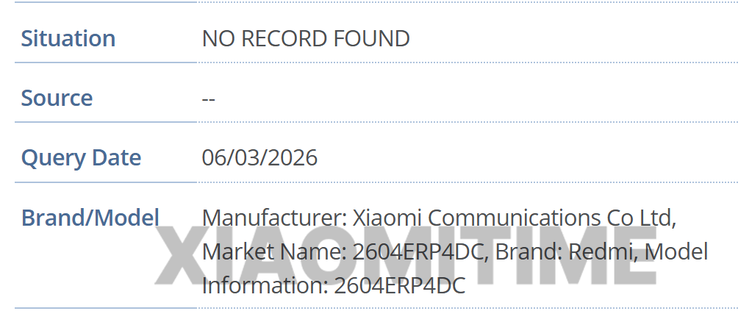 A listagem da GSMA do novo tablet Redmi. 