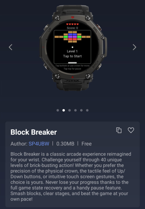 O aplicativo Block Breaker Mini para smartwatches Amazfit