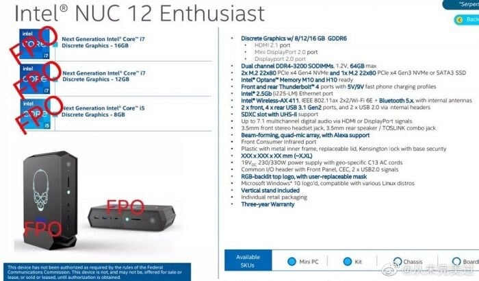 Rumores das especificações do Intel NUC 12 Enthusiast. (Fonte da imagem: FanlessTech)