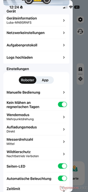 Menu longo com configurações