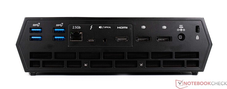 Voltar: 4x USB Tipo A, 2.5G LAN, 1x USB Tipo C, Toslink, HDMI (4K60), 2x DisplayPort 1.4, conexão de energia, Kensington Lock