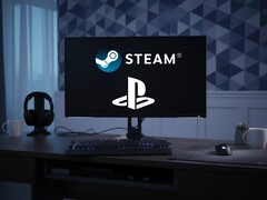 Logotipos do Steam e do PlayStation exibidos no monitor do PC
