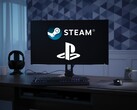 Logotipos do Steam e do PlayStation exibidos no monitor do PC