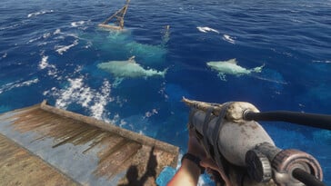 Uma imagem mostrando tubarões em Stranded Deep.
