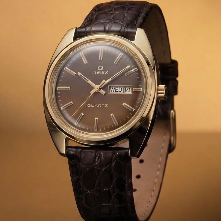 Reedição do Timex Q 1976 Day and Date com mostrador em degradê castanho fumê, índices em tom dourado e uma bracelete de couro castanho-escuro com textura de crocodilo.
