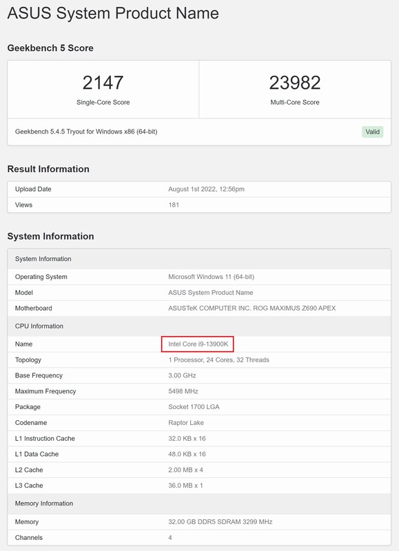 Intel Core i9-13900K. (Fonte de imagem: Geekbench)