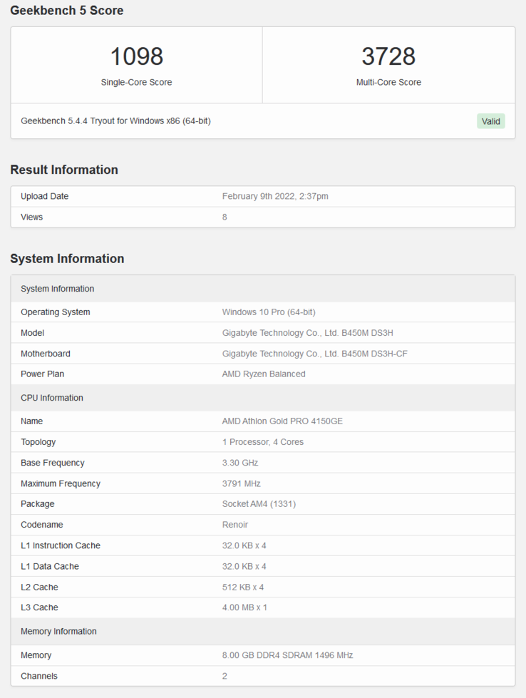 AMD Athlon Gold PRO 4150GE em Geekbench (imagem via Geekbench)