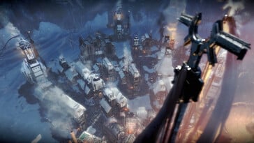 Uma imagem mostrando edifícios em Frostpunk.