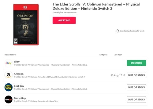 Rastreador HotStock para a versão remasterizada de Oblivion para Switch (2 portas)